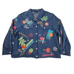 Anne Carson Woman Denim Jacket XXL School Teacher Whimsy Appliques Snaps EUC LN